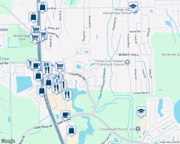 map of restaurants, bars, coffee shops, grocery stores, and more near 9745 Touchton Road in Jacksonville