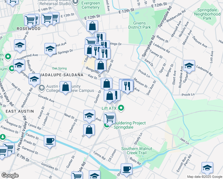map of restaurants, bars, coffee shops, grocery stores, and more near 1134 Airport Boulevard in Austin