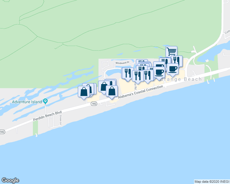 map of restaurants, bars, coffee shops, grocery stores, and more near 25125 Perdido Beach Boulevard in Orange Beach