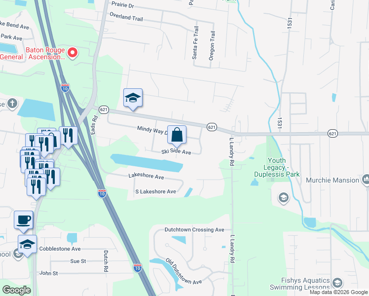 map of restaurants, bars, coffee shops, grocery stores, and more near 37329 Mindy Way Drive in Prairieville
