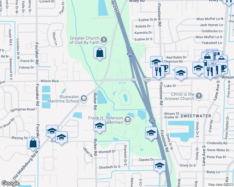 map of restaurants, bars, coffee shops, grocery stores, and more near 3620 Kirkpatrick Circle in Jacksonville