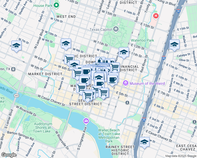 map of restaurants, bars, coffee shops, grocery stores, and more near 126 West 6th Street in Austin