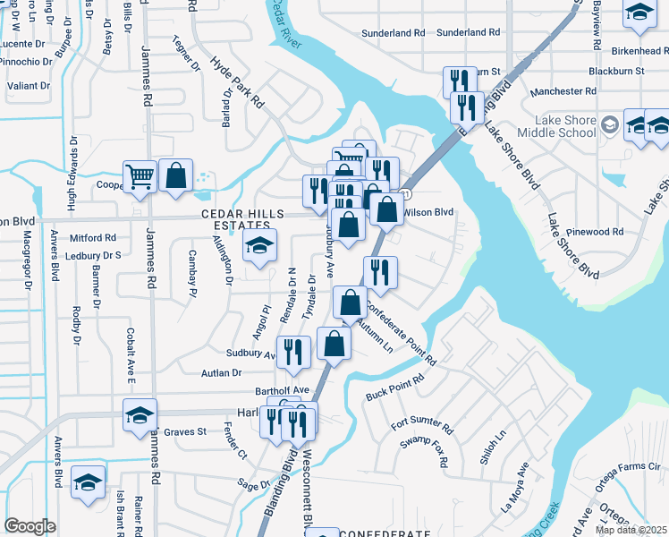map of restaurants, bars, coffee shops, grocery stores, and more near 3764 Blanding Boulevard in Jacksonville