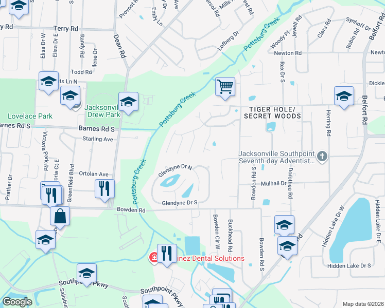map of restaurants, bars, coffee shops, grocery stores, and more near 3171 Misty Creek Lane in Jacksonville