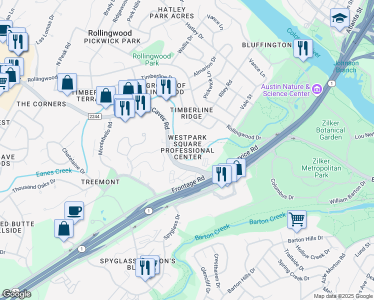 map of restaurants, bars, coffee shops, grocery stores, and more near 2500 Bee Caves Road in Austin