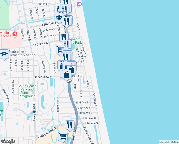 map of restaurants, bars, coffee shops, grocery stores, and more near 2323 1st Street South in Jacksonville Beach