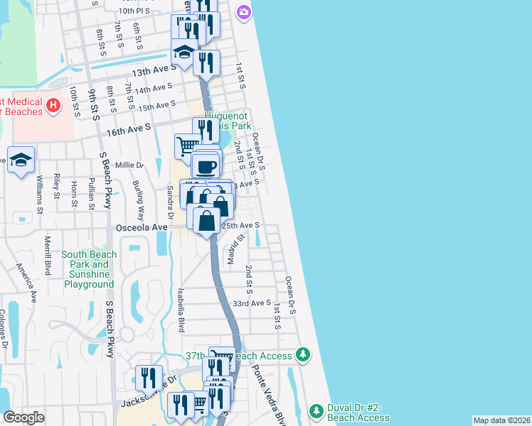 map of restaurants, bars, coffee shops, grocery stores, and more near 2323 1st Street South in Jacksonville Beach