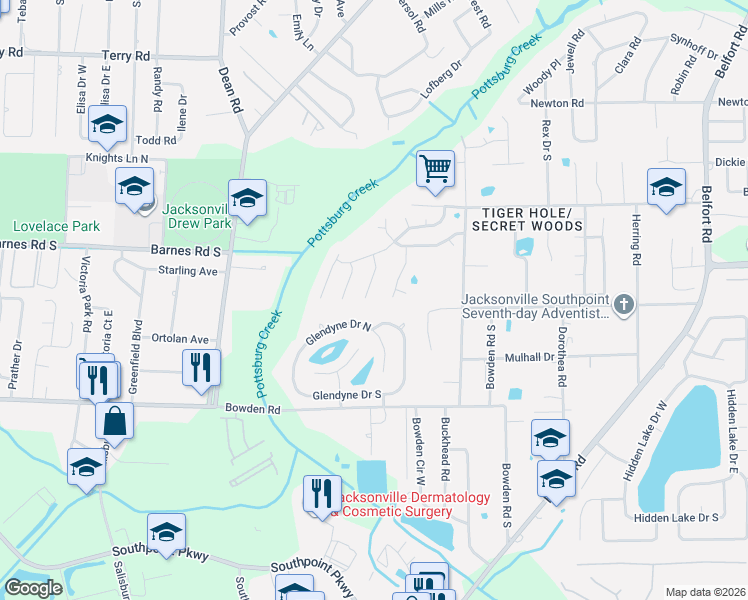 map of restaurants, bars, coffee shops, grocery stores, and more near 3164 Bent Creek Lane in Jacksonville