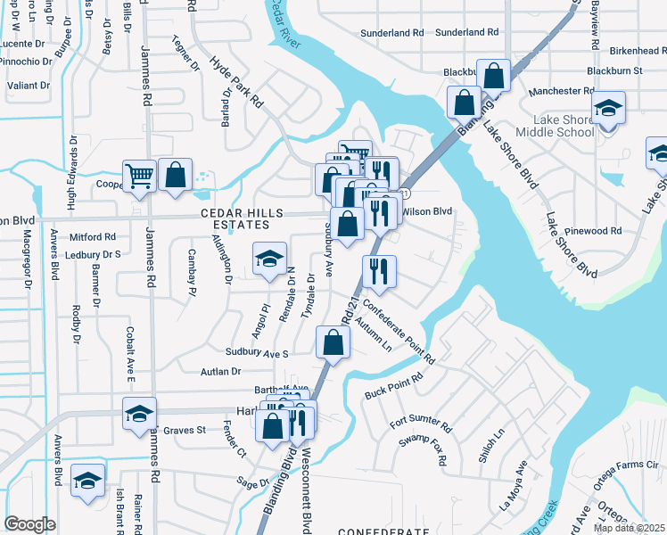 map of restaurants, bars, coffee shops, grocery stores, and more near 3764 Blanding Boulevard in Jacksonville