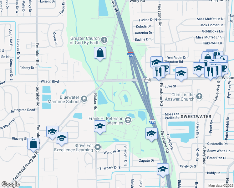 map of restaurants, bars, coffee shops, grocery stores, and more near 3620 Kirkpatrick Circle in Jacksonville