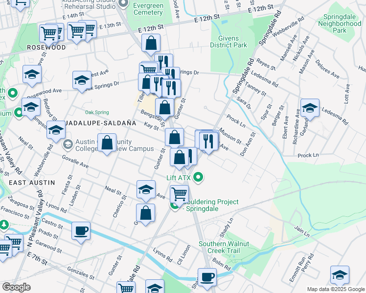 map of restaurants, bars, coffee shops, grocery stores, and more near 1134 Airport Boulevard in Austin