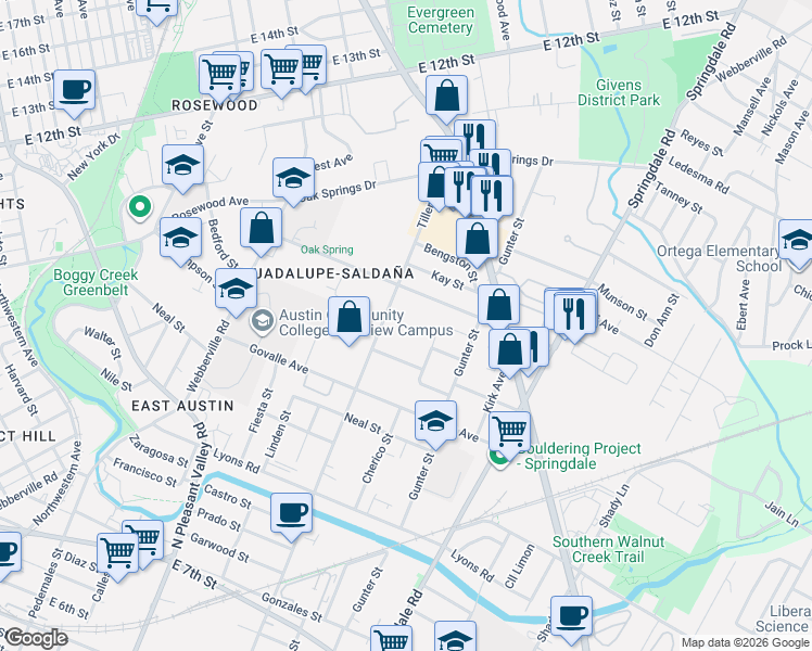 map of restaurants, bars, coffee shops, grocery stores, and more near 1129 1/2 Tillery Street in Austin