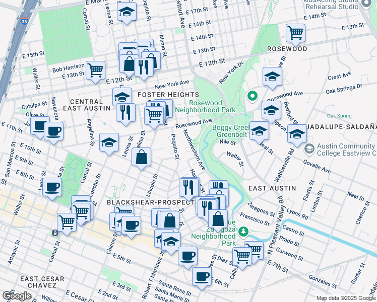 map of restaurants, bars, coffee shops, grocery stores, and more near 1120 Northwestern Avenue in Austin