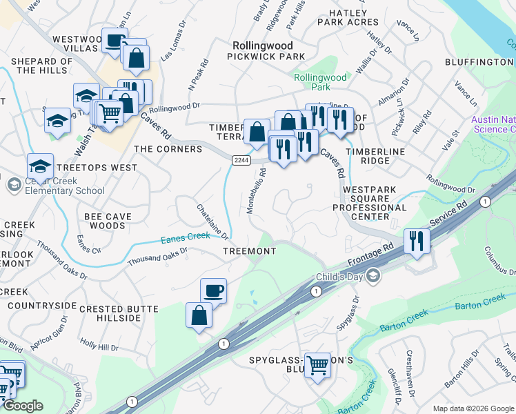 map of restaurants, bars, coffee shops, grocery stores, and more near 2854 Montebello Road in Austin