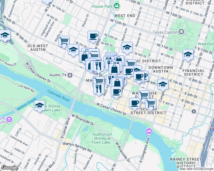 map of restaurants, bars, coffee shops, grocery stores, and more near 300 West Avenue in Austin