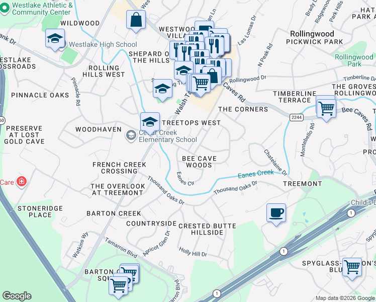 map of restaurants, bars, coffee shops, grocery stores, and more near 1309 Old Walsh Tarlton in Austin