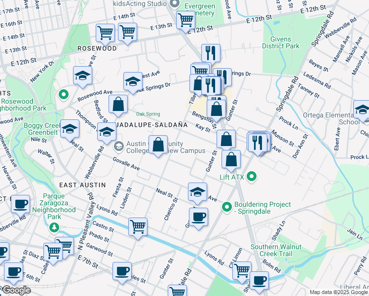 map of restaurants, bars, coffee shops, grocery stores, and more near 1129 1/2 Tillery Street in Austin