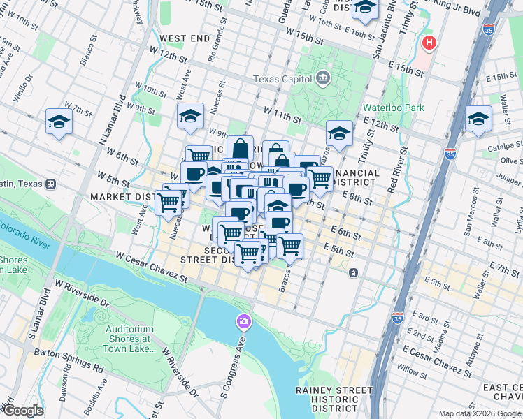map of restaurants, bars, coffee shops, grocery stores, and more near 187 West 6th Street in Austin