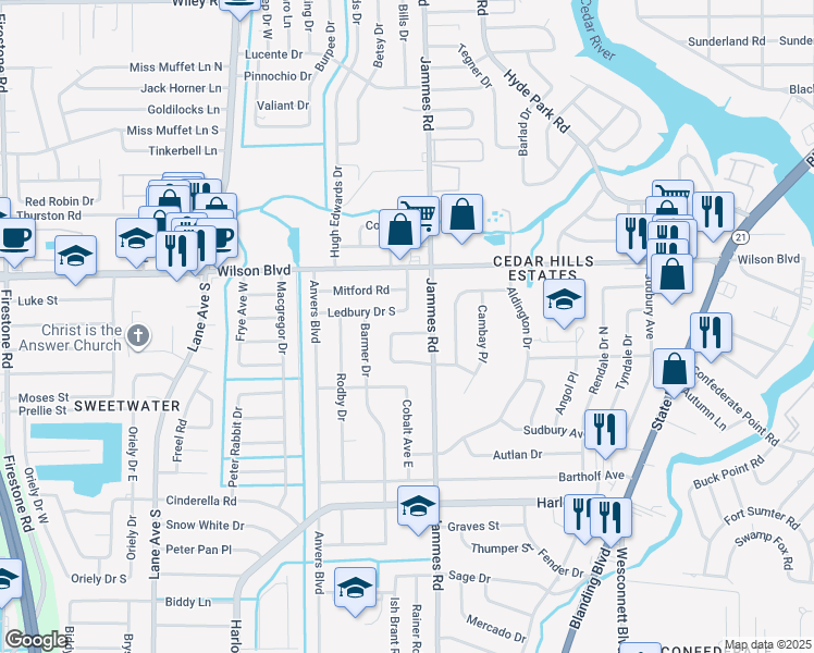 map of restaurants, bars, coffee shops, grocery stores, and more near 6441 North Ballejo Court in Jacksonville
