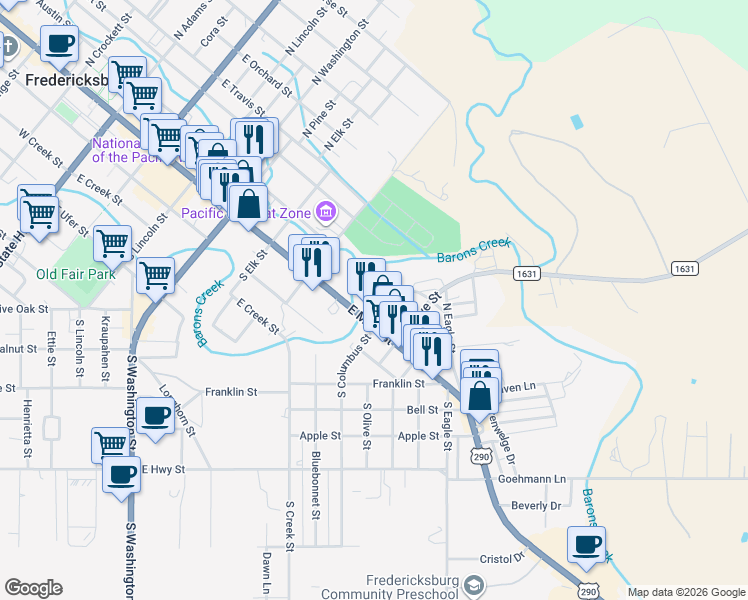 map of restaurants, bars, coffee shops, grocery stores, and more near 624 East Schubert Street in Fredericksburg