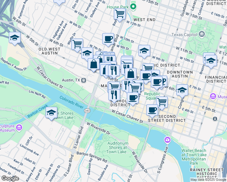 map of restaurants, bars, coffee shops, grocery stores, and more near 820 West 3rd Street in Austin
