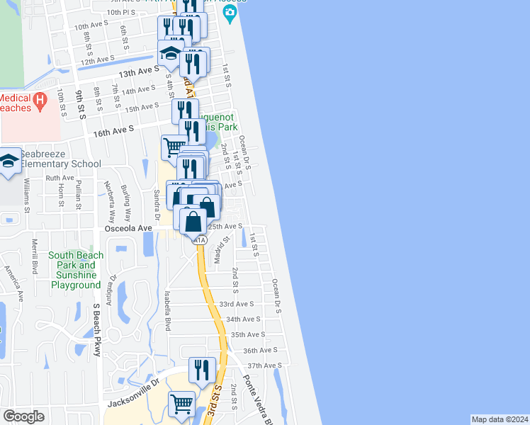 map of restaurants, bars, coffee shops, grocery stores, and more near 2343 Costa Verde Boulevard in Jacksonville Beach
