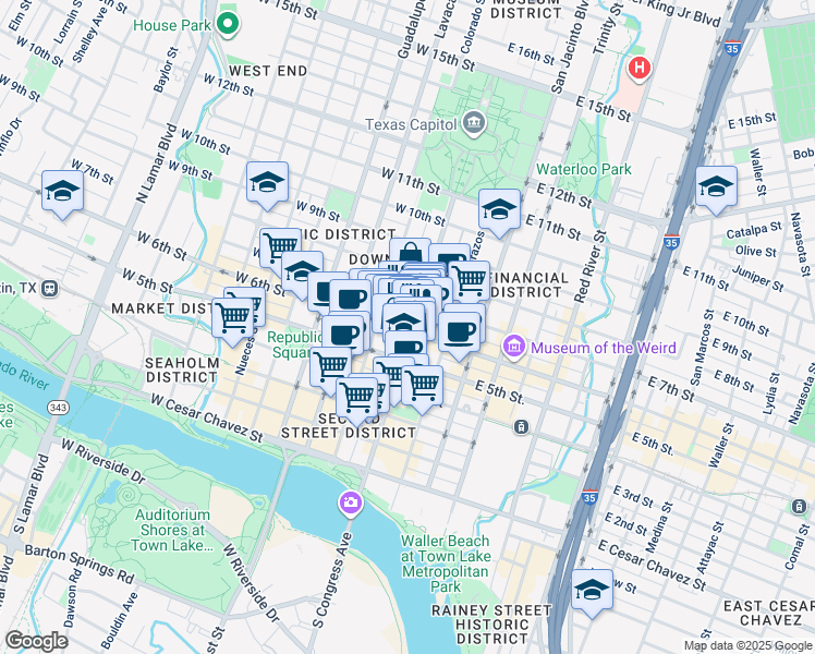 map of restaurants, bars, coffee shops, grocery stores, and more near 600 Congress Avenue in Austin