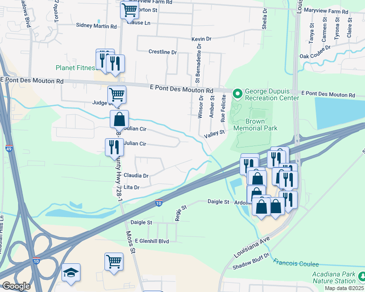 map of restaurants, bars, coffee shops, grocery stores, and more near 201 Julian Circle in Lafayette