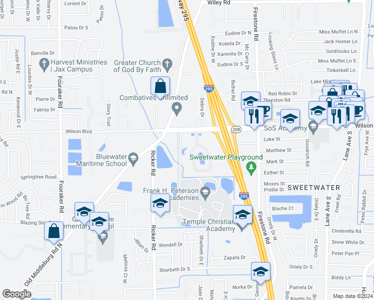 map of restaurants, bars, coffee shops, grocery stores, and more near 3620 Kirkpatrick Circle in Jacksonville