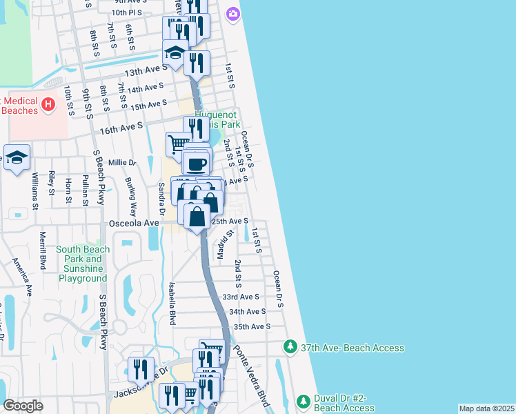 map of restaurants, bars, coffee shops, grocery stores, and more near 2323 1st Street South in Jacksonville Beach