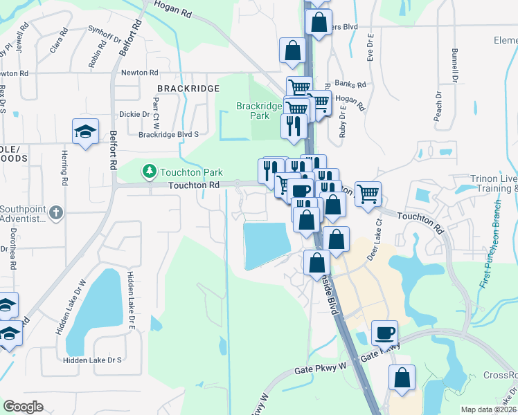 map of restaurants, bars, coffee shops, grocery stores, and more near Unnamed Road in Jacksonville