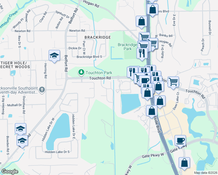 map of restaurants, bars, coffee shops, grocery stores, and more near 8423 Drayton Park Drive in Jacksonville