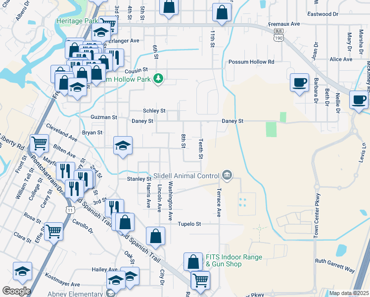 map of restaurants, bars, coffee shops, grocery stores, and more near 2651 8th Street in Slidell