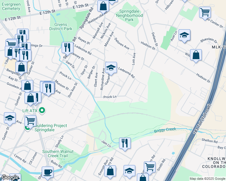 map of restaurants, bars, coffee shops, grocery stores, and more near 1116 Estes Avenue in Austin