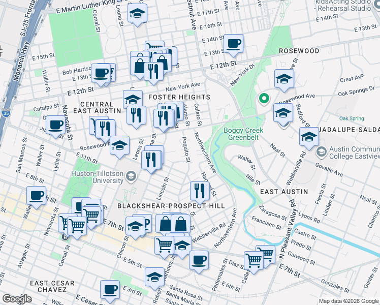 map of restaurants, bars, coffee shops, grocery stores, and more near 1138 Poquito Street in Austin