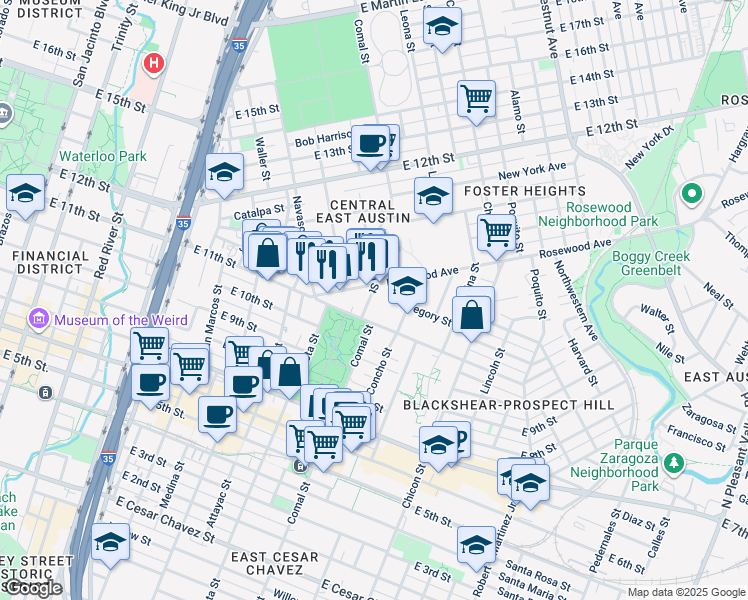 map of restaurants, bars, coffee shops, grocery stores, and more near 1111 Angelina Street in Austin