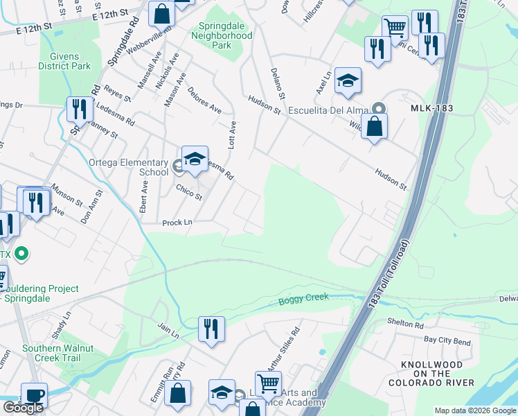 map of restaurants, bars, coffee shops, grocery stores, and more near 1122 Terry Drive in Austin