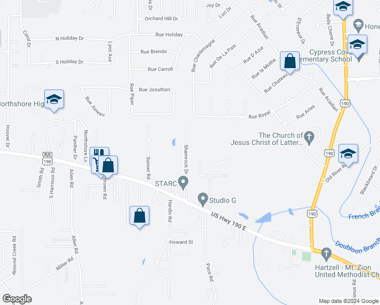 map of restaurants, bars, coffee shops, grocery stores, and more near 112 Shamrock Drive in Slidell