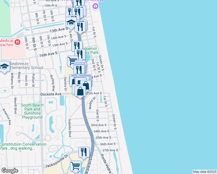 map of restaurants, bars, coffee shops, grocery stores, and more near 2335 Costa Verde Boulevard in Jacksonville Beach