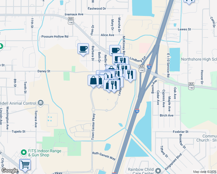 map of restaurants, bars, coffee shops, grocery stores, and more near 760 Town Center Parkway in Slidell