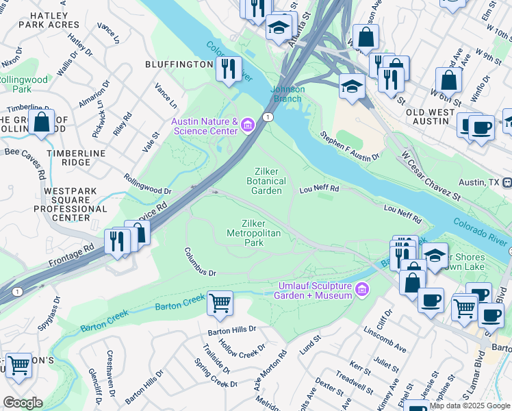 map of restaurants, bars, coffee shops, grocery stores, and more near 2401 Barton Springs Road in Austin