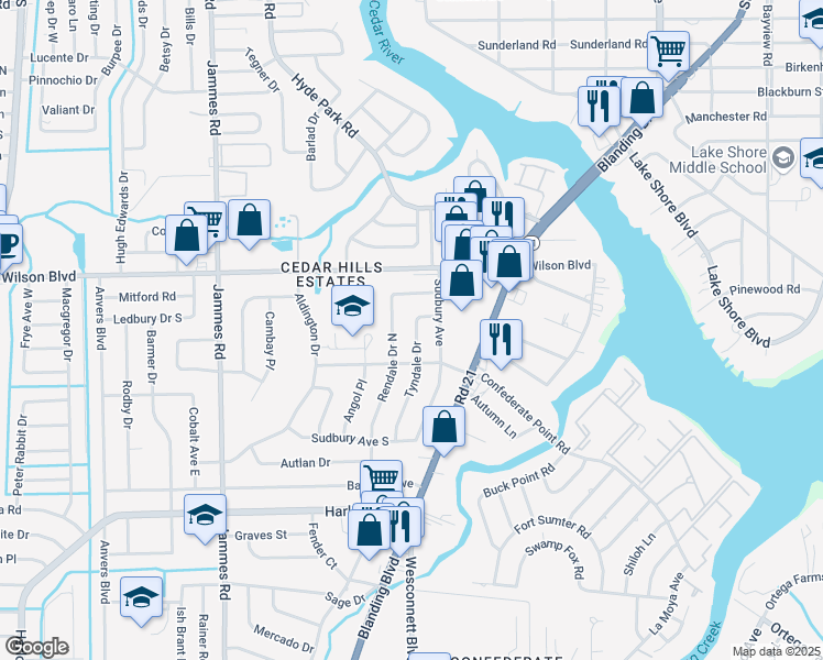 map of restaurants, bars, coffee shops, grocery stores, and more near 3812 Tyndale Drive in Jacksonville