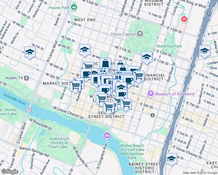 map of restaurants, bars, coffee shops, grocery stores, and more near 515 Colorado Street in Austin