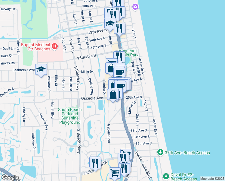 map of restaurants, bars, coffee shops, grocery stores, and more near 2348 3rd Street South in Jacksonville Beach