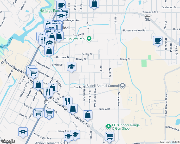 map of restaurants, bars, coffee shops, grocery stores, and more near 1006 Cleveland Avenue in Slidell