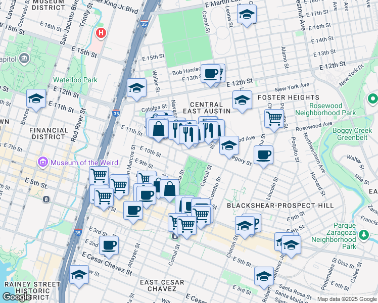 map of restaurants, bars, coffee shops, grocery stores, and more near 1209 Rosewood Avenue in Austin
