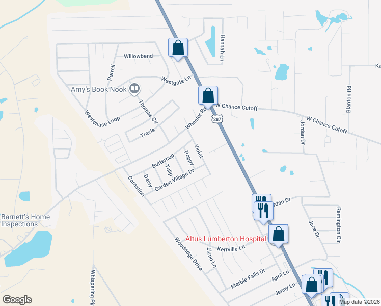 map of restaurants, bars, coffee shops, grocery stores, and more near 6565 Violet in Lumberton