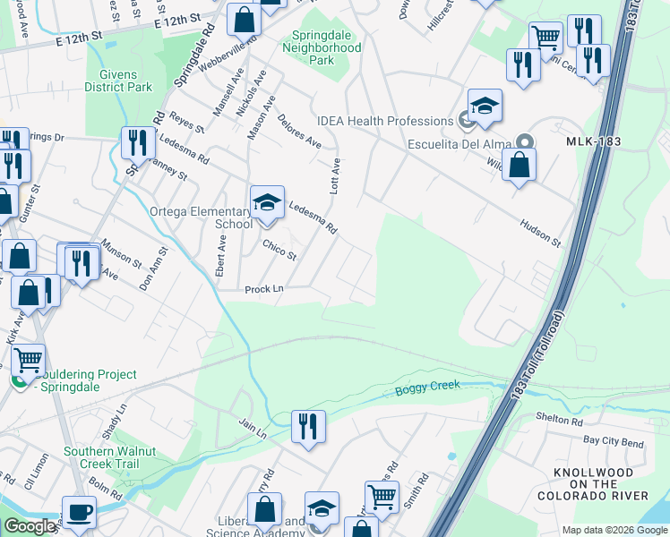 map of restaurants, bars, coffee shops, grocery stores, and more near 1112 Christie Drive in Austin