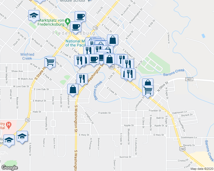 map of restaurants, bars, coffee shops, grocery stores, and more near 502 East Creek Street in Fredericksburg