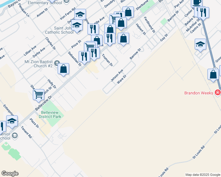 map of restaurants, bars, coffee shops, grocery stores, and more near 58742 Ware Drive in Plaquemine